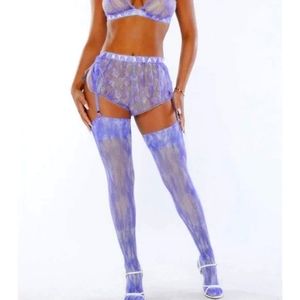 Savage x Fenty Lavender Bra, Garter Lace short and Thigh High